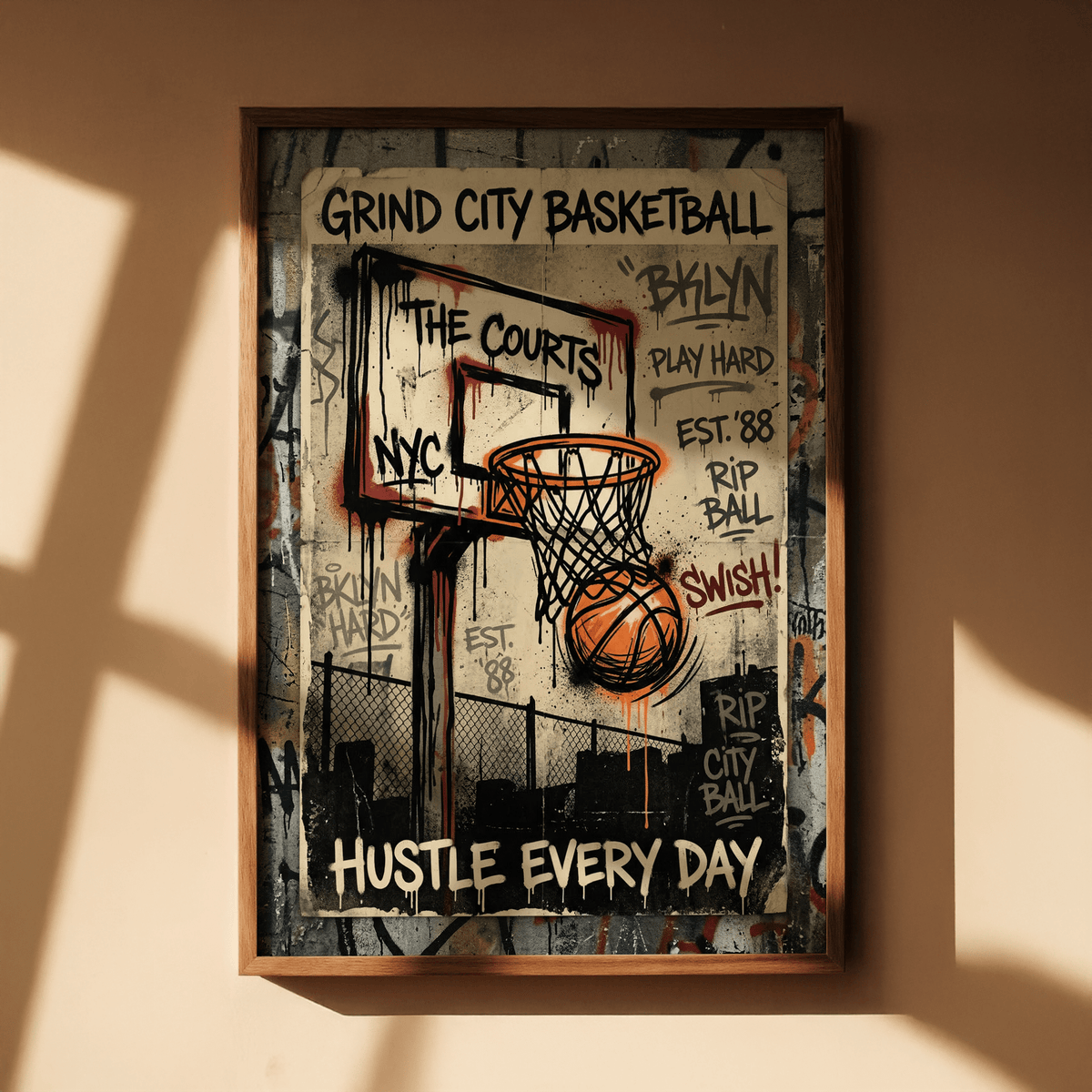 Marker-sketched basketball and backboard surrounded by NYC street tags
