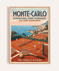 Monte Carlo Tennis Print showing clay court match beside coastline