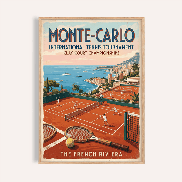 Monte Carlo Tennis Print showing clay court match beside coastline