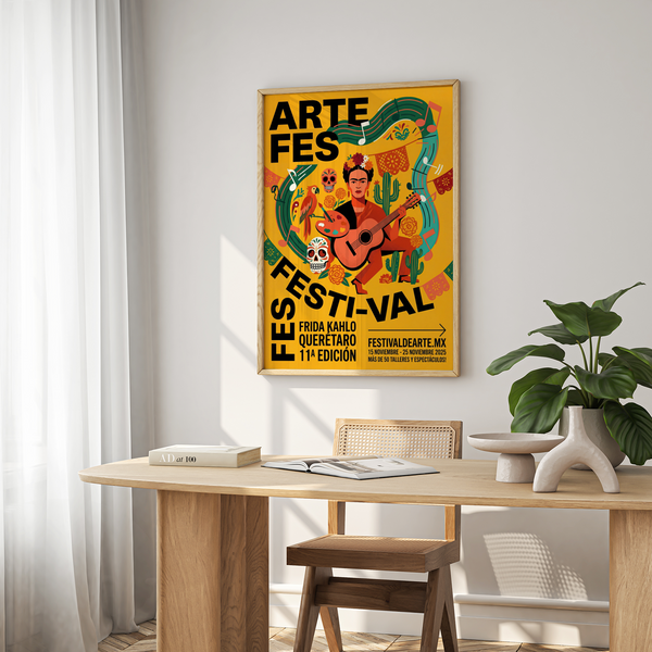 Graphic portrait with flowers in hair, skull icons, and arrow pointer