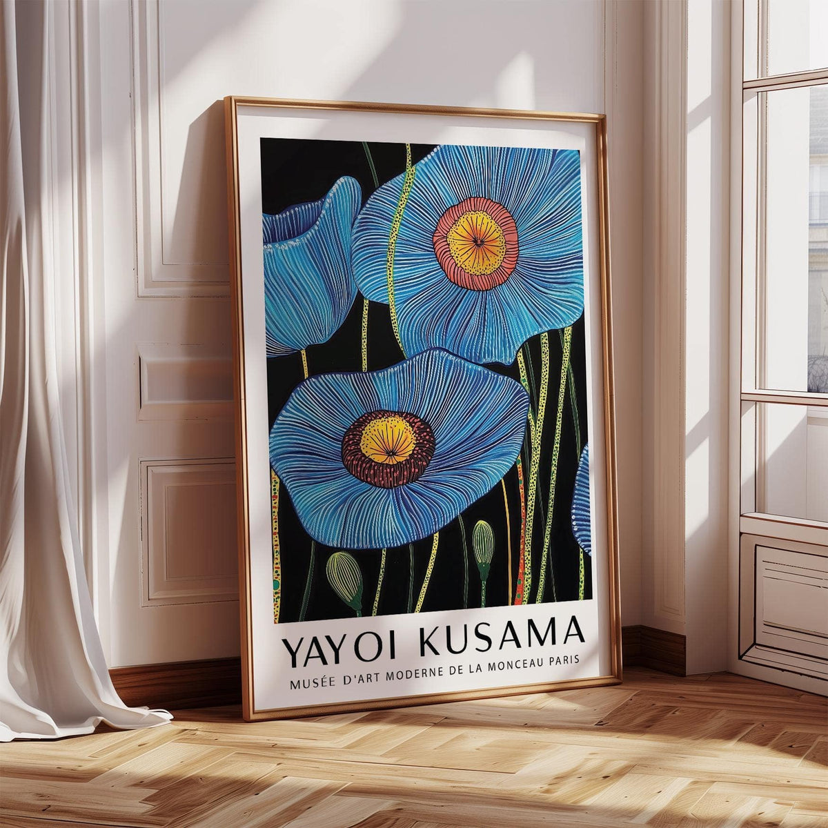 Big flower wall art with Kusama-inspired dots and flowing petal shapes