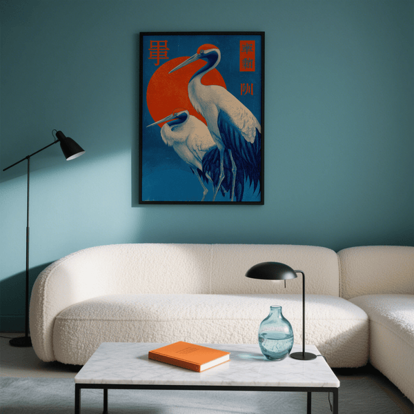 Serene Cranes Art Print, White and Blue hues for entryway wall art