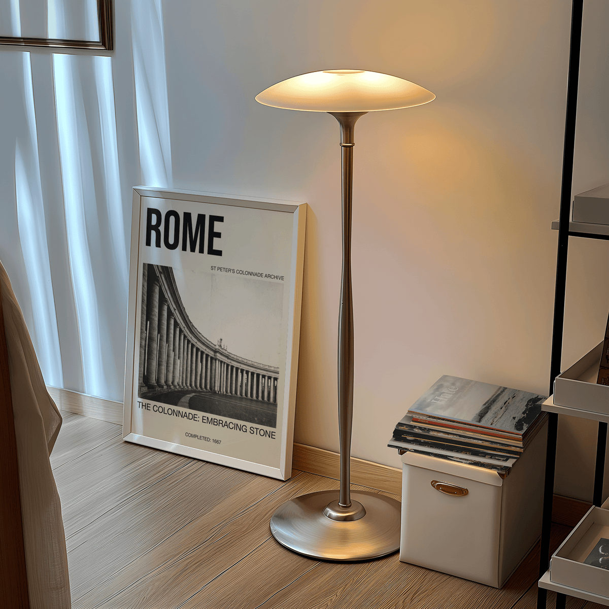 Black and white architecture poster print with long colonnade curve and open plaza foreground