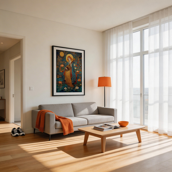 Studio flat lay of rolled Saraswati Veena Print with border visible