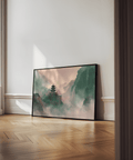 Tranquil Misty Mountain Temple Art with Beige, Green, and Pink for bedroom decor poster