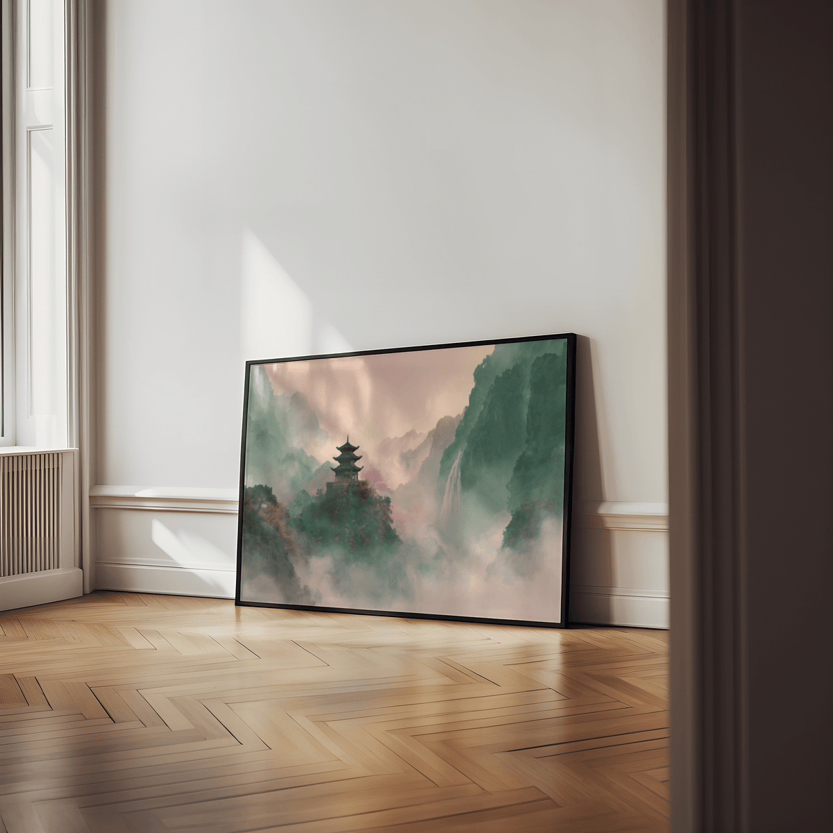 Tranquil Misty Mountain Temple Art with Beige, Green, and Pink for bedroom decor poster