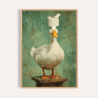 Framed print of a white duck with orange feet and beak wearing a roll of toilet paper on its head against a green background