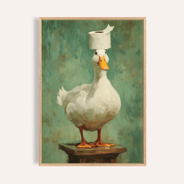 Portrait of a duck wall art print with toilet paper roll on head, standing on a wooden stool