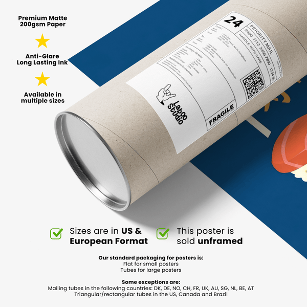 Sushi Wall Art poster for dining area, main colors Blue and Pink