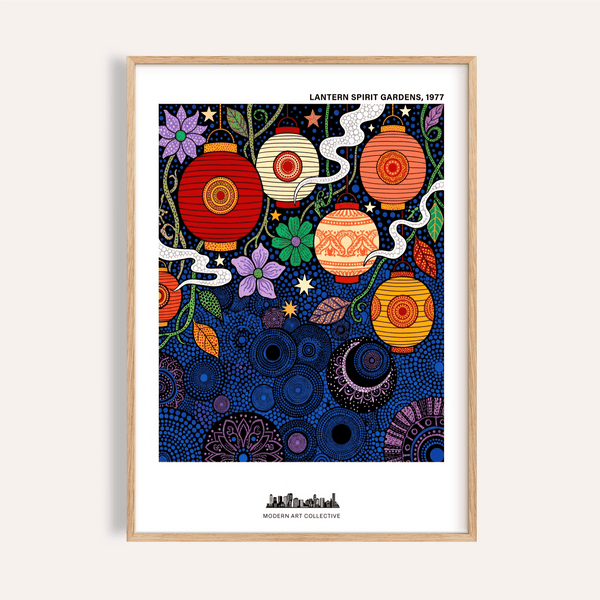 Featured Bohemian Lantern Poster wall art with hanging lanterns, flowers, and stars