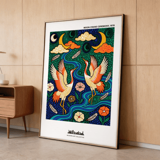 Depicting two crane birds, graphic print poster with swirling river bands and floating feathers