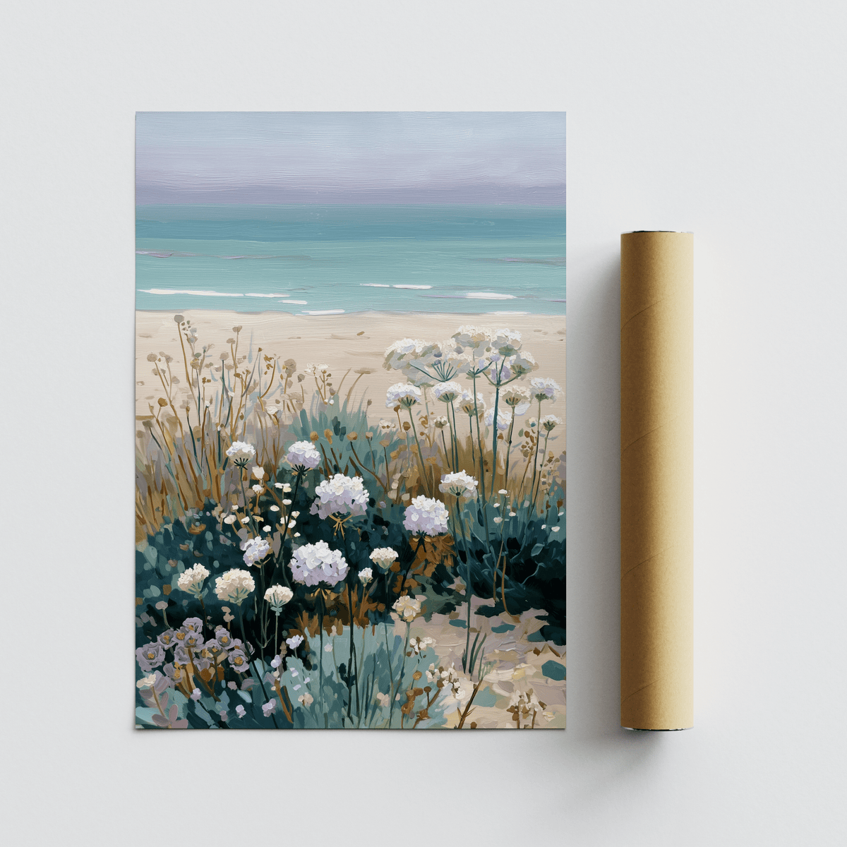 Living room wall art with Beach Floral Art, botanic design, Blue, Pink hues