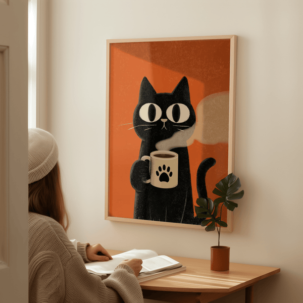 Cat Coffee Mug Print, Black cat on Orange, perfect for dining area