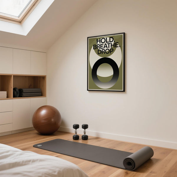 Home gym wall art for breath control and lifting motivation.