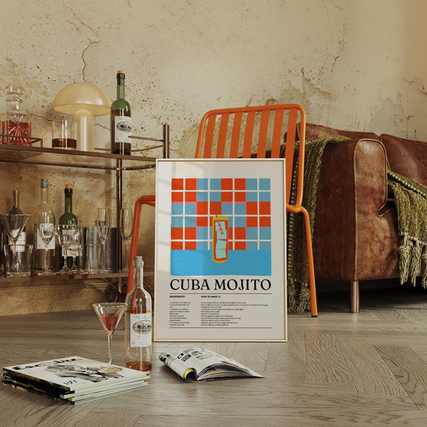 Bar decor print featuring a Mojito recipe in vintage-inspired style.