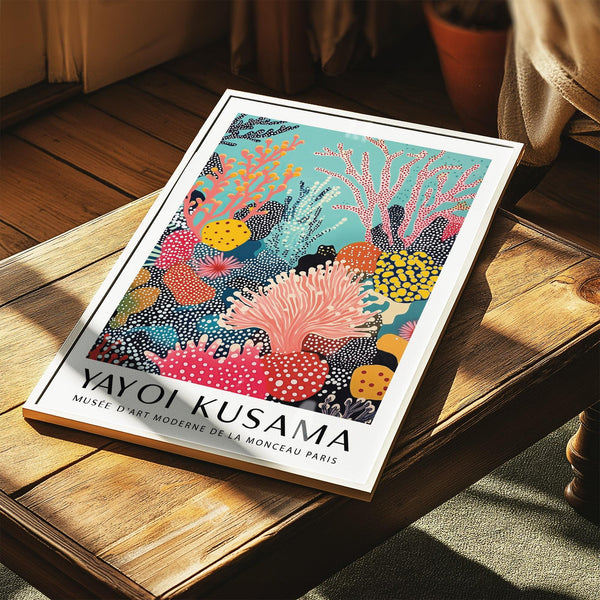 Yayoi Kusama style bright wall art with sea life-inspired details in bold tones