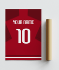 Graphic sports poster print of a red shirt back with white name text and number 10