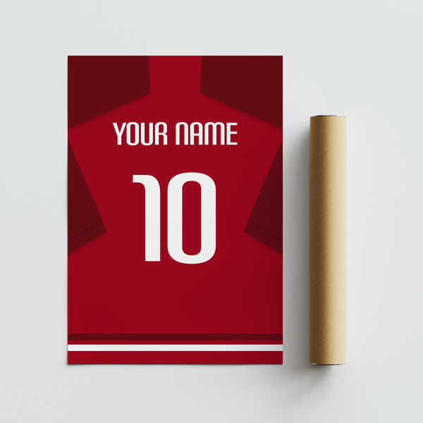 Graphic sports poster print of a red shirt back with white name text and number 10