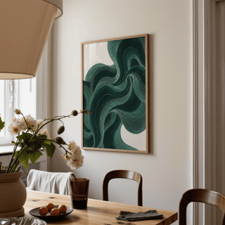 Green Wavy Poster enhancing dining room in green and beige tones