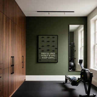 Modern gym artwork showing eyes in a grid pattern with inspirational phrase