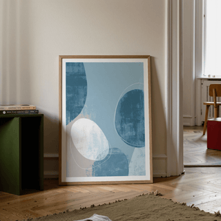 Textured abstract poster in Blue, Beige, and White with overlapping oval shapes