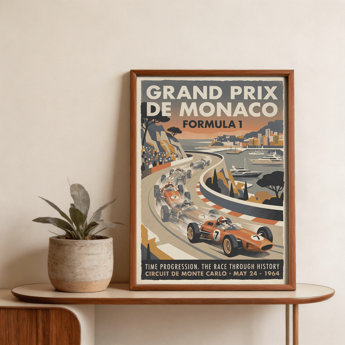 Vintage Racing Print featuring bold headline text above sweeping track