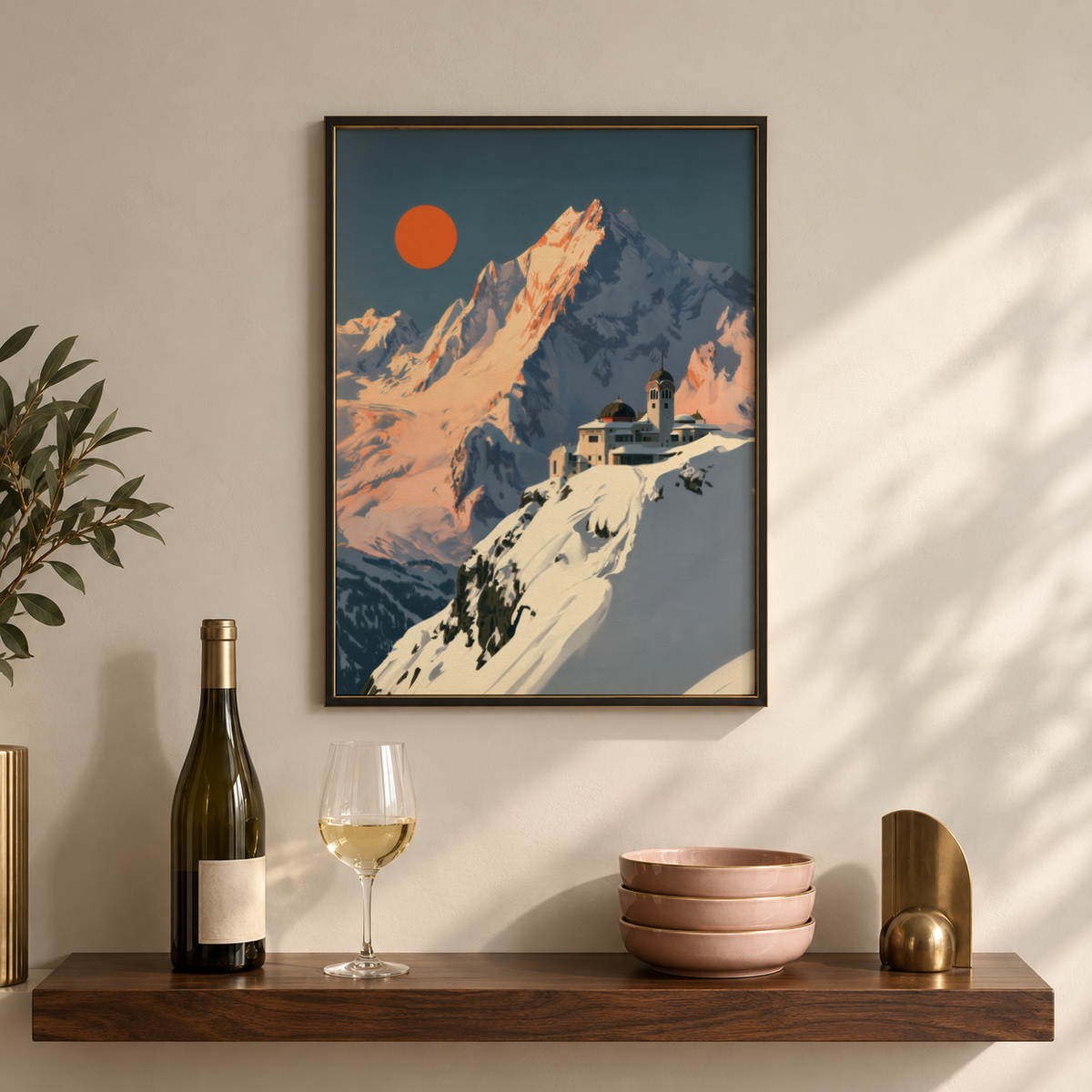Capturing a snow-covered ridge with a small domed chapel, scenic mountain wall art poster
