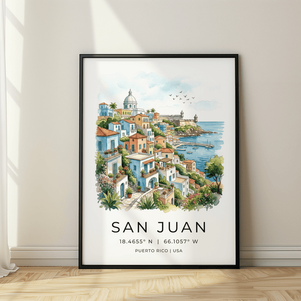 San Juan Art Print with location text and coordinates under the illustration