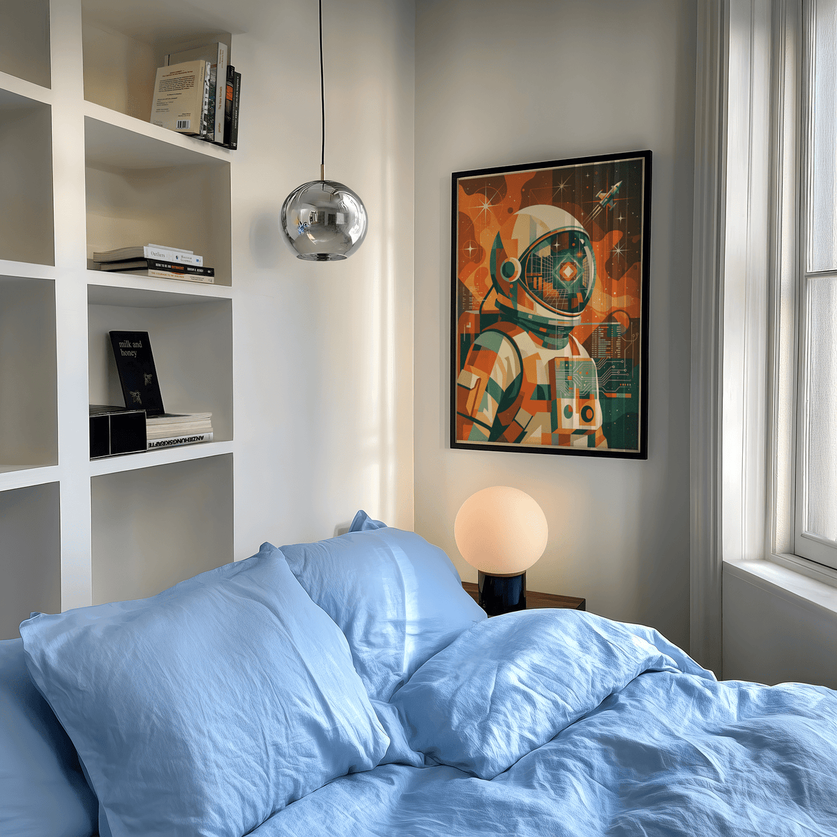 Retro Astronaut Poster featuring Beige and Blue for office art print