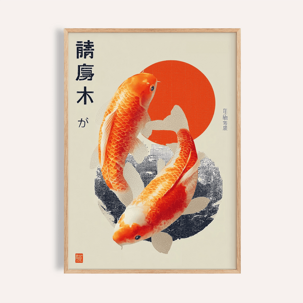 Koi Fish Art Print with red and beige colors for living room wall art