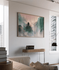 Dreamy Misty Mountain Temple Art using Beige, Green, Pink for calm home office poster