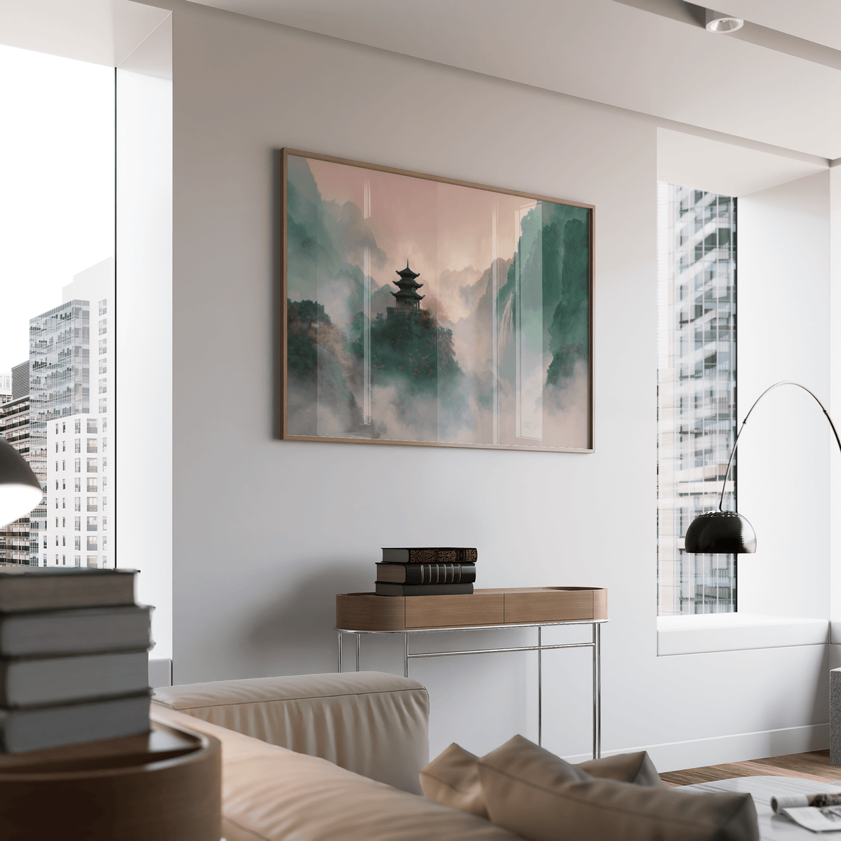 Dreamy Misty Mountain Temple Art using Beige, Green, Pink for calm home office poster