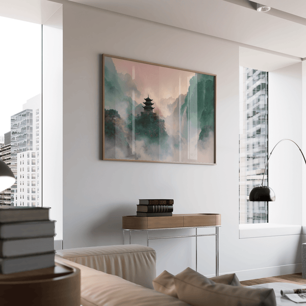 Dreamy Misty Mountain Temple Art using Beige, Green, Pink for calm home office poster