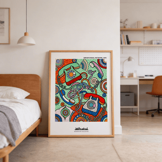 Playful telephone art print featuring handsets, buttons, and dotted backgrounds