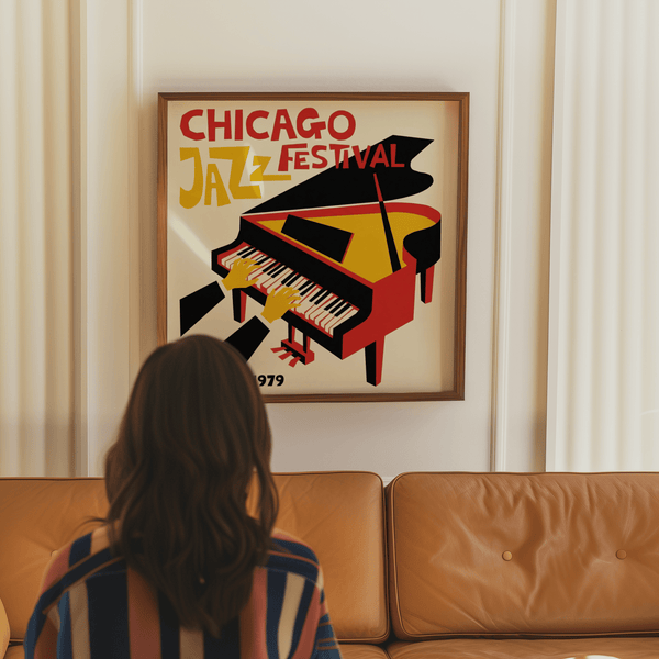 Jazz Festival Poster vibrant wall art, ideal for lounge, with Yellow, Red, Black