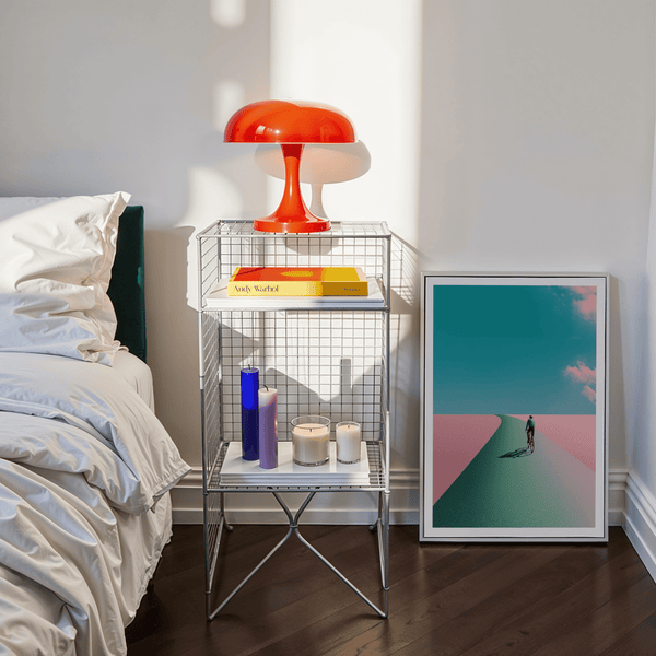 Gallery wall mockup featuring Surreal Cycling Art Print alongside modern minimalist posters