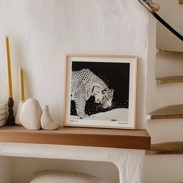 Square black and white print featuring bold japanese tiger art