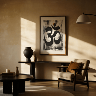 Oversized black Om character with distressed texture on white background