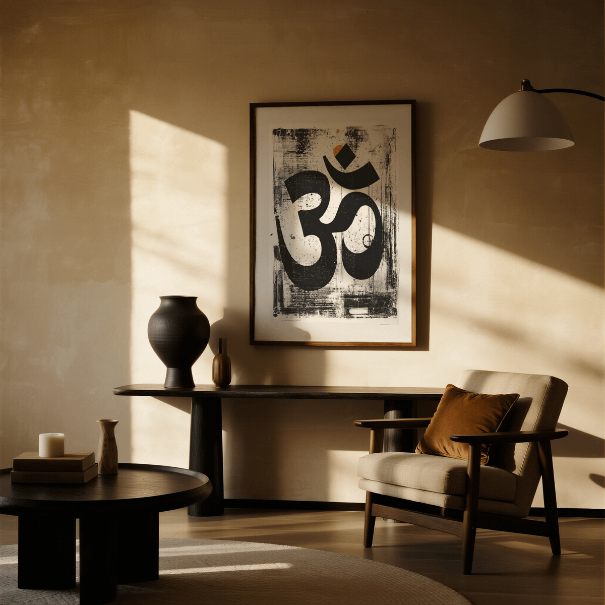 Oversized black Om character with distressed texture on white background