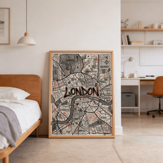 London Map Art Print featuring Pink, Gray, and Black graffiti typography over a street grid