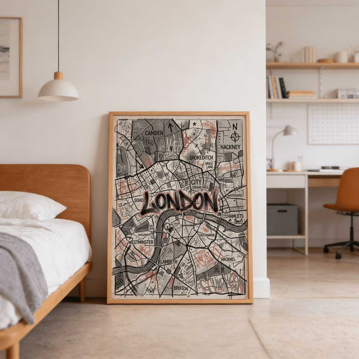 London Map Art Print featuring Pink, Gray, and Black graffiti typography over a street grid