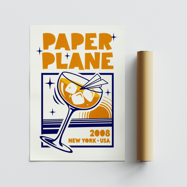 Paper Plane Cocktail Poster decorative blue and orange wall art for bar area