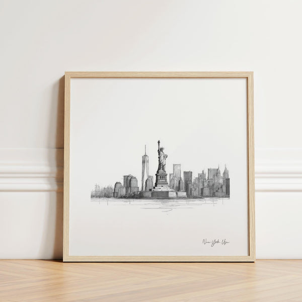 Statue of Liberty print square format with New York City skyline illustration
