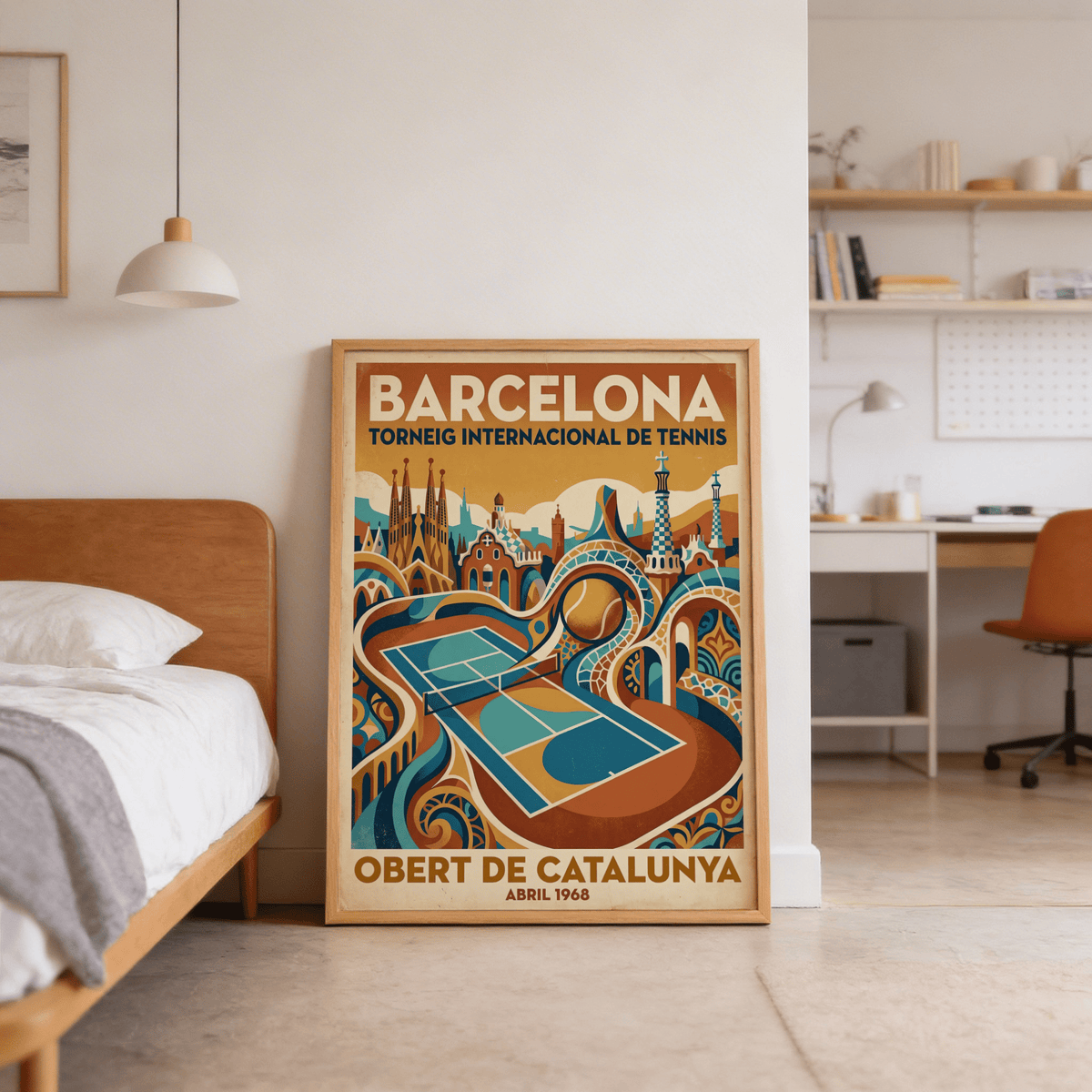 Retro tennis tournament poster with stylized court set against city spires