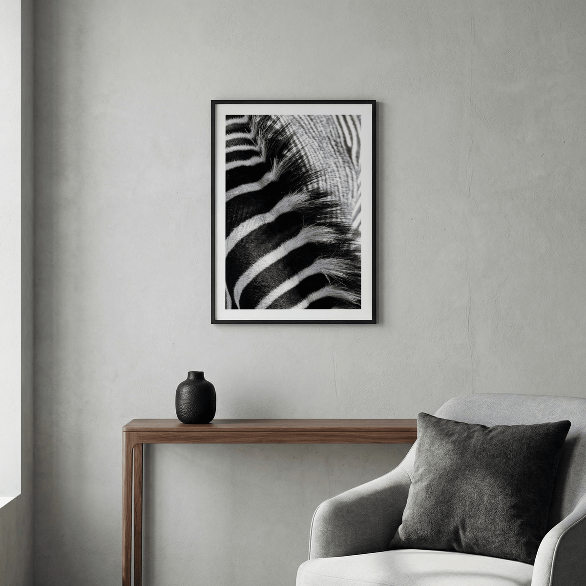 Textured zebra pattern wall art print in black and white