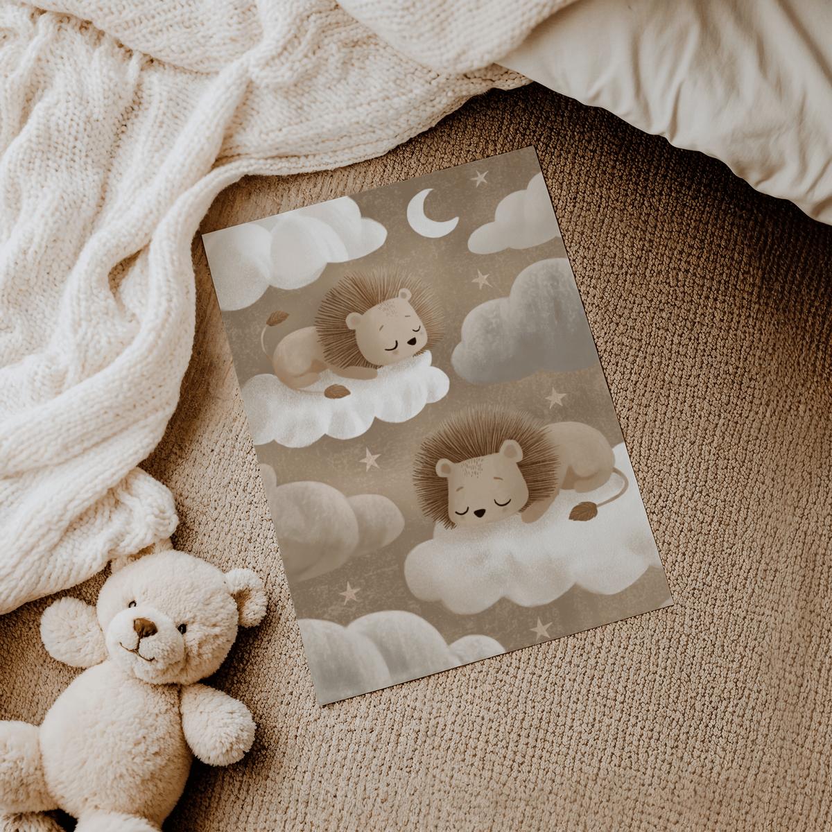 Lions Nursery Art poster, beige clouds with lions, for nursery or play space