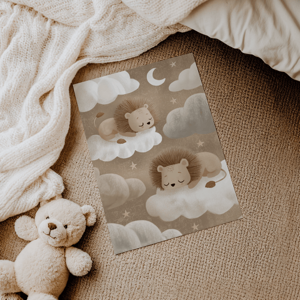 Lions Nursery Art poster, beige clouds with lions, for nursery or play space