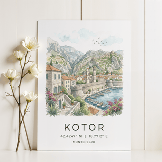 Coastal Montenegro travel wall art with calm blue water, moored yachts, and medieval architecture