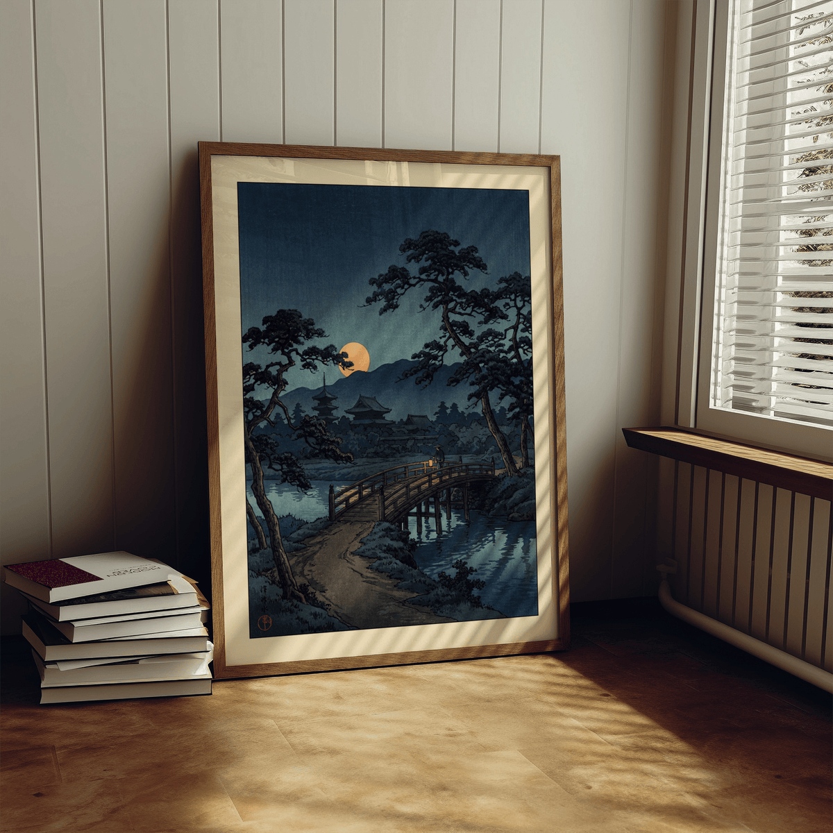 Arched bridge poster framed by pine branches and soft moonlight