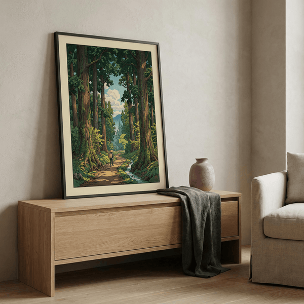 Scenic Forest Path Wall Art poster with deep vanishing point, tree canopy, and a stream along the path